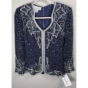 Vintage Laurence Kazar 100% Silk Hand Beaded Top Navy Silver Evening M NWT